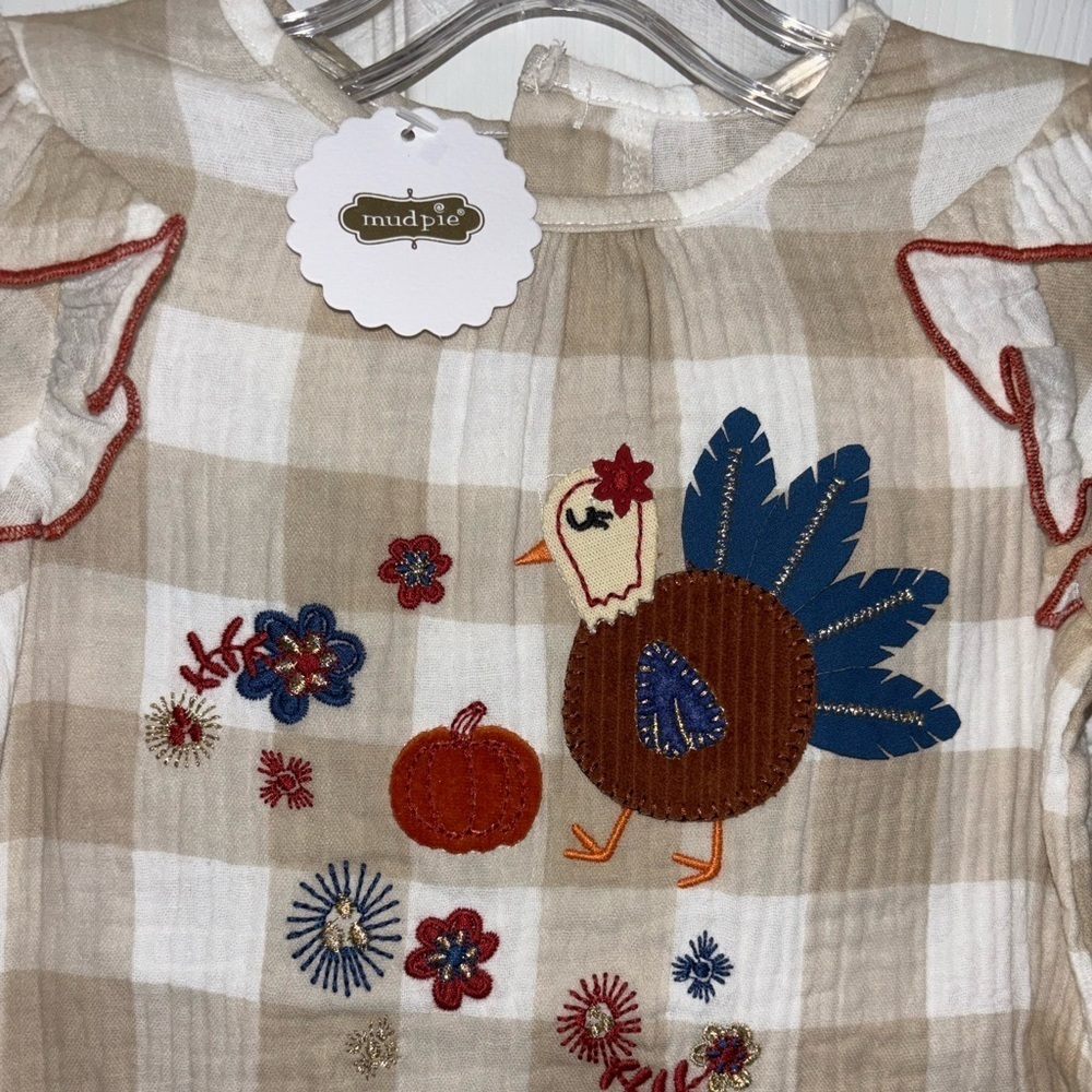 Mud Pie Baby Girls Thanksgiving Cream Turkey Applique One-Piece bodysuit​​​ - Picture 4 of 6